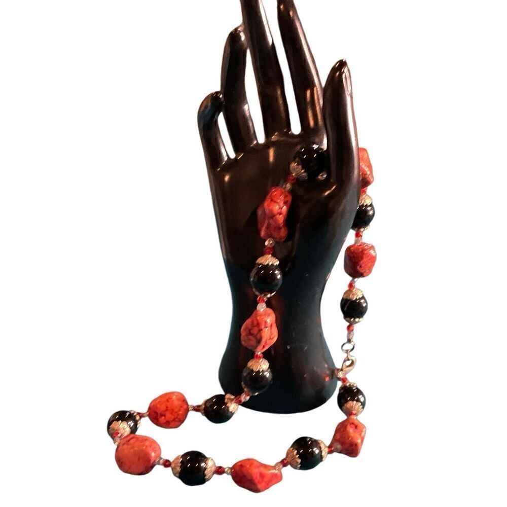 Vintage Onyx Silver Red Turquoise Necklace